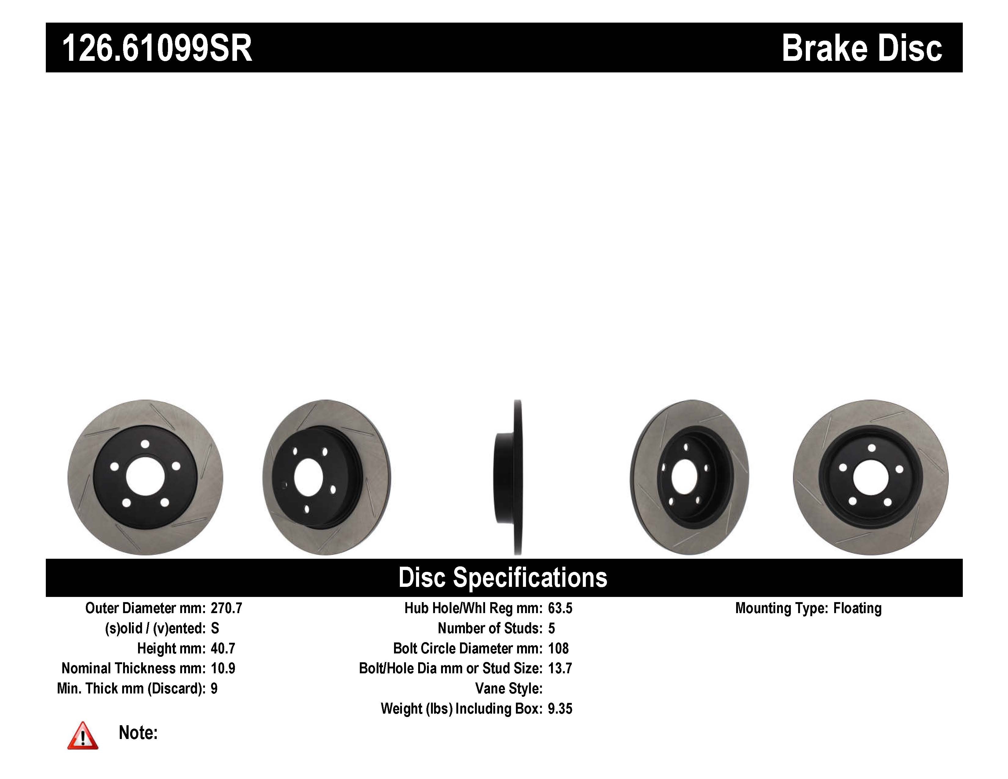 STOPTECH 126.61099SR Гальмівний диск задній правий Sport з насічкою для FORD Focus 2012-2018 Photo-2