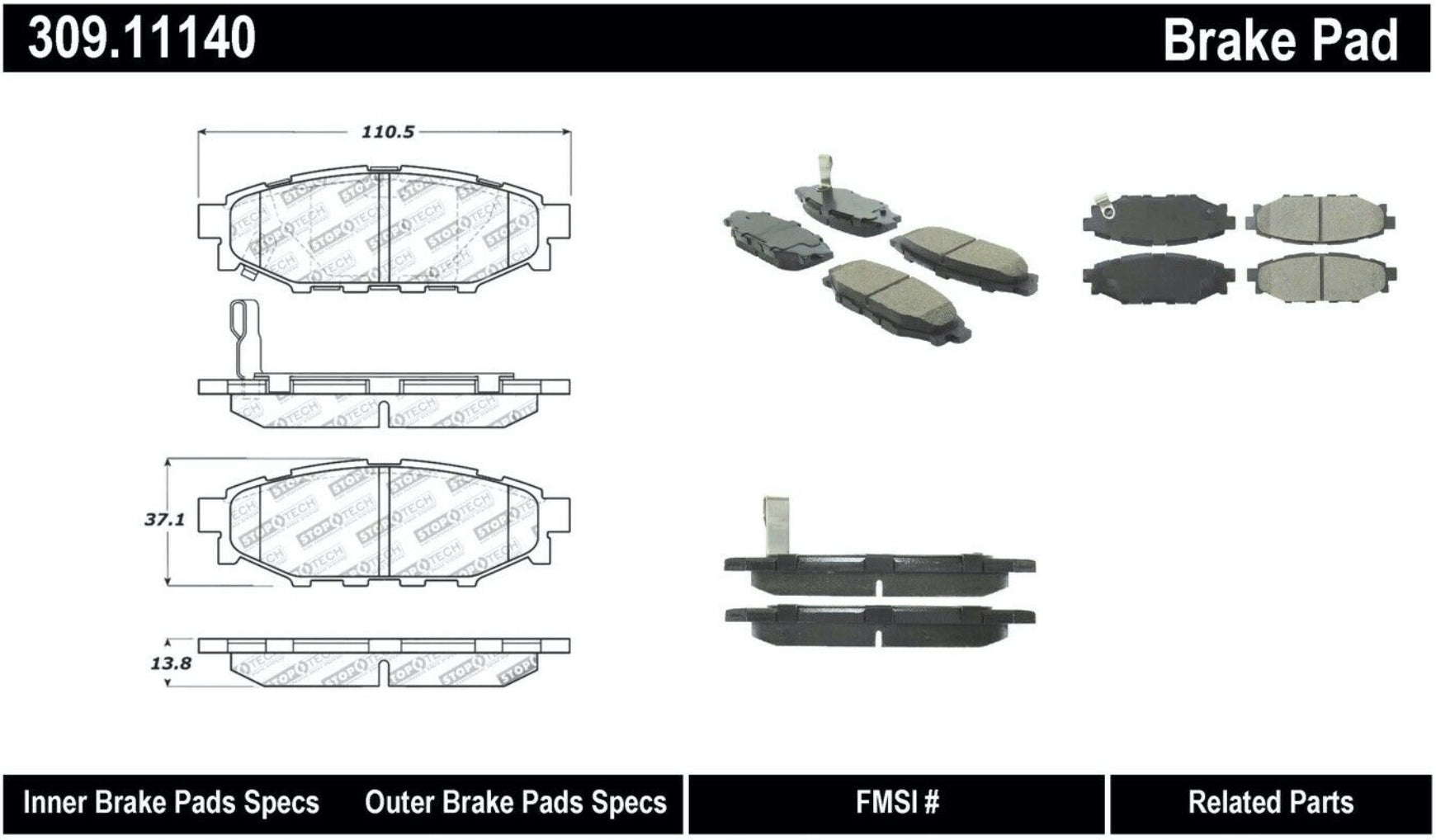STOPTECH 309.11140 Гальмівні колодки задні Sport з пластинами і кріпленням для SCION / SUBARU BRZ 2005-2019 Photo-1