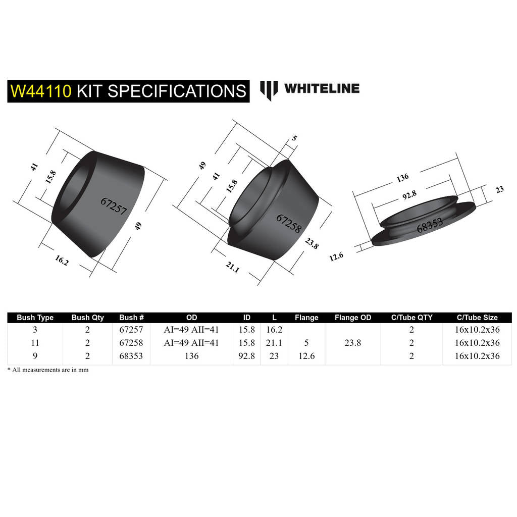 WHITELINE W44110 Комплект втулок передньої опори стійки для Mitsubishi Challenger, Pajero Sport/Triton 2wd/4wd Photo-4