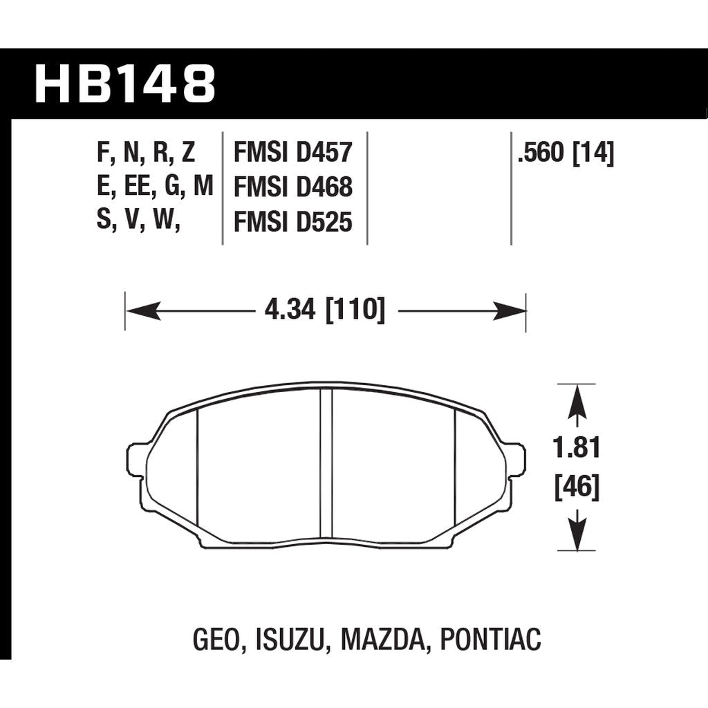 HAWK HB148F.560 Гальмівні колодки HPS передні для MAZDA Miata MX-5 1600 (FMSI D525) Photo-2
