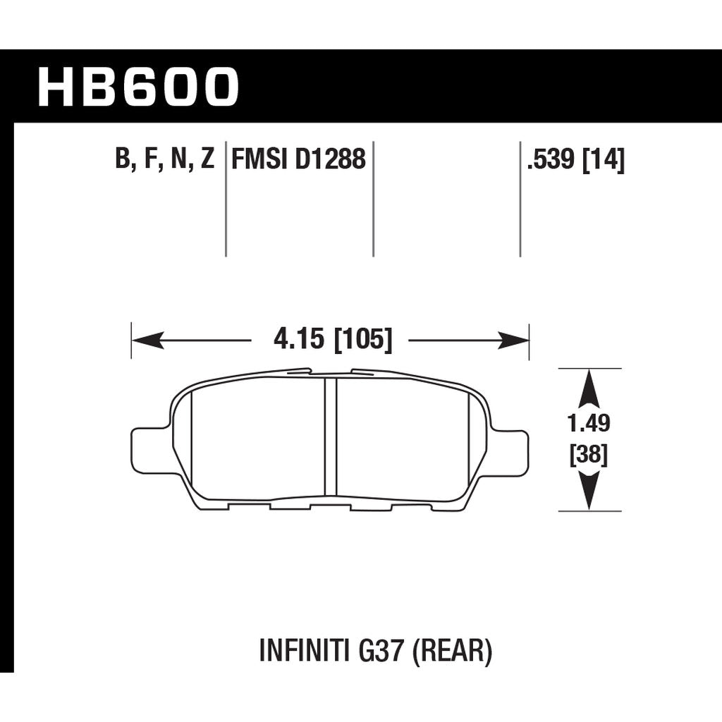 HAWK HB600Z.539 Гальмівні колодки Perf. Ceramic задні для INFINITI G35/G37/Q60/NISSAN Juke Nismo RS Photo-2