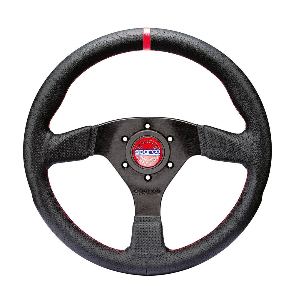 SPARCO 015R383PLUNRS Кермо R383 CHAMPION, шкіра, хват 37/29мм, діам. 330мм, виліт 39мм, чорний/черв. Photo-0