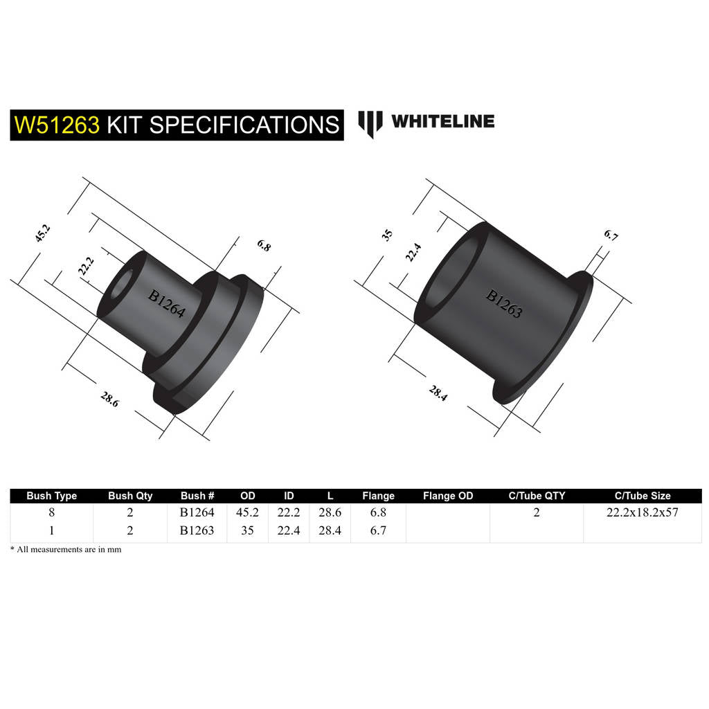 WHITELINE W51263 Комплект внутрішньої задньої втулки переднього нижнього важеля підвіски для Ford Laser KF, KH/Mazda 323 BG Photo-4