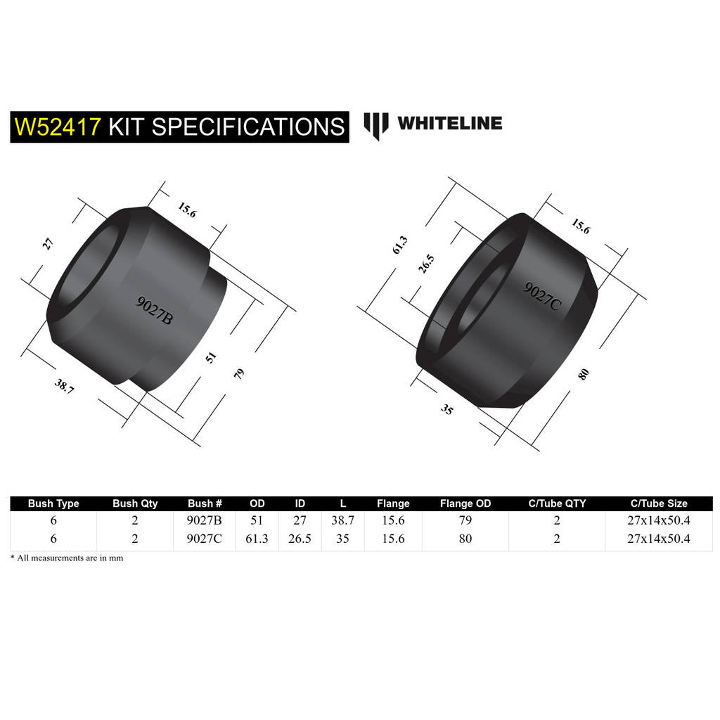 WHITELINE W52417 Комплект внутрішньої задньої втулки переднього нижнього важеля підвіски подвійного зміщення для Toyota Camry, Avalon/Holden Apollo Photo-4