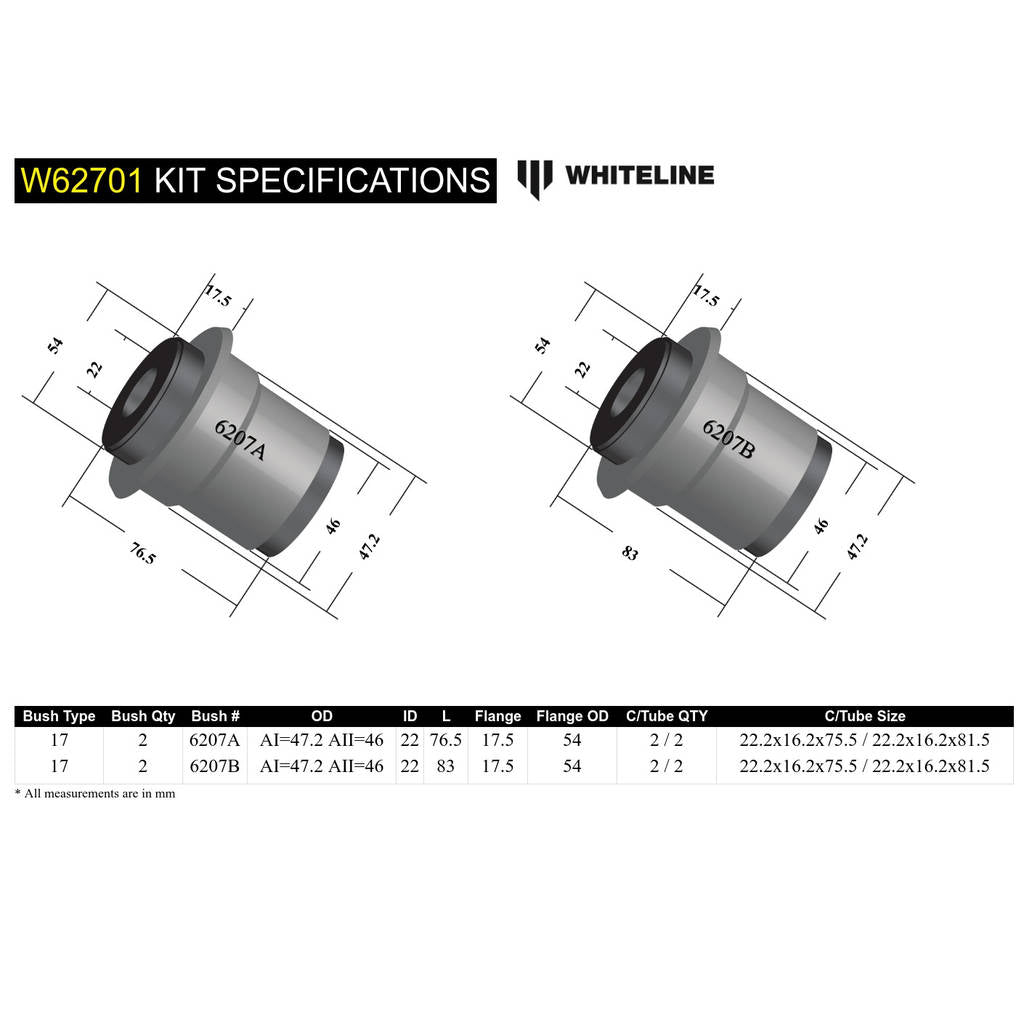 WHITELINE W62701 Комплект внутрішньої втулки заднього нижнього важеля підвіски для Ford Falcon/Fairlane AU Photo-3