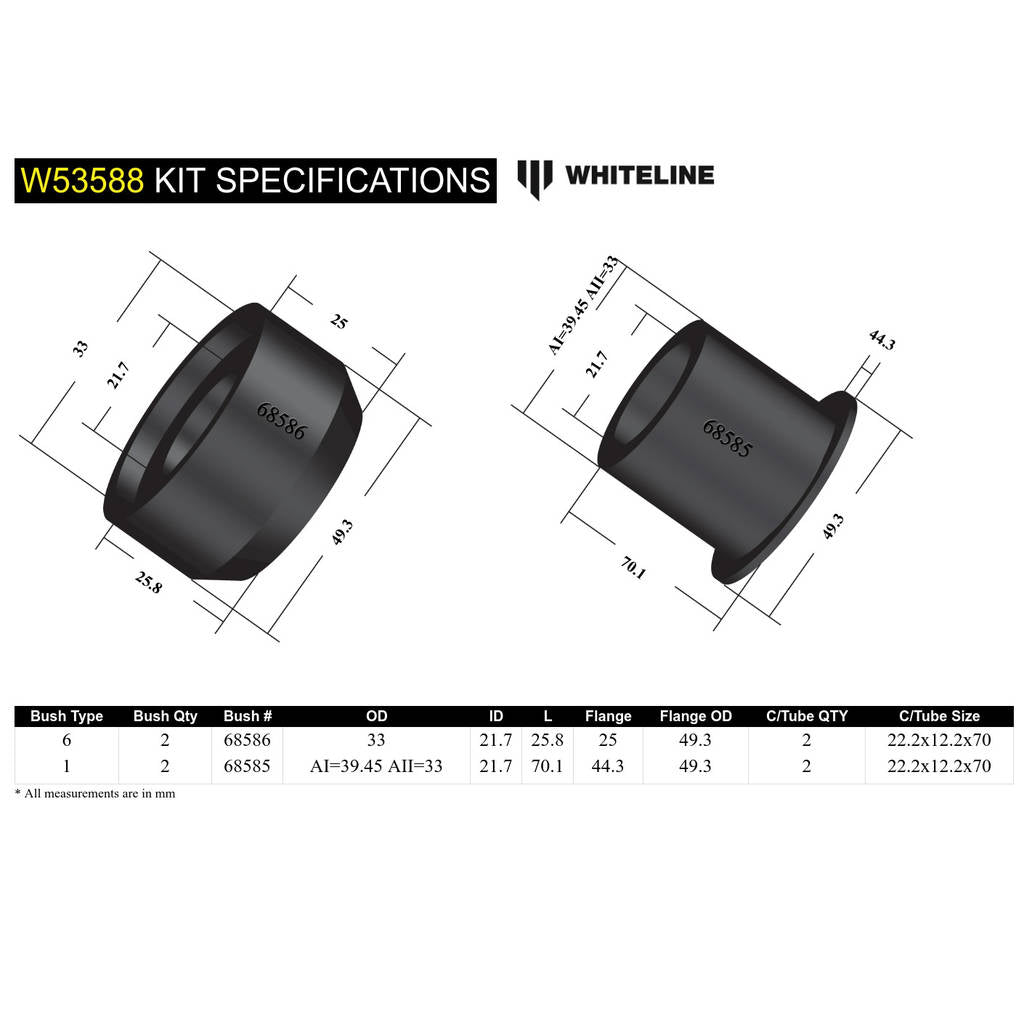 WHITELINE W53588 Комплект внутрішньої передньої втулки переднього нижнього важеля підвіски для Holden Barina/Combo Photo-4