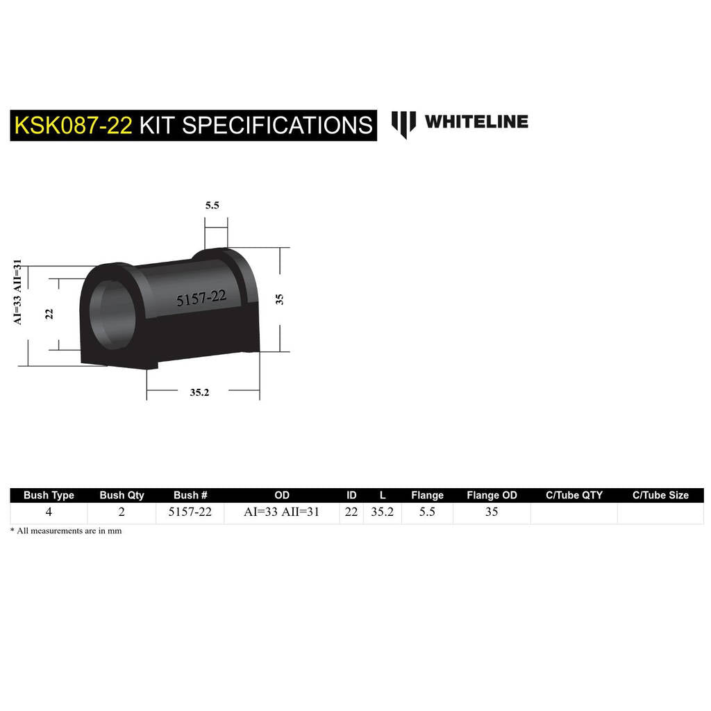 WHITELINE KSK087-22 Комплект втулок кріплення переднього стабілізатора поперечної стійкості 22 мм для Whiteline Anti Roll Bars Photo-4