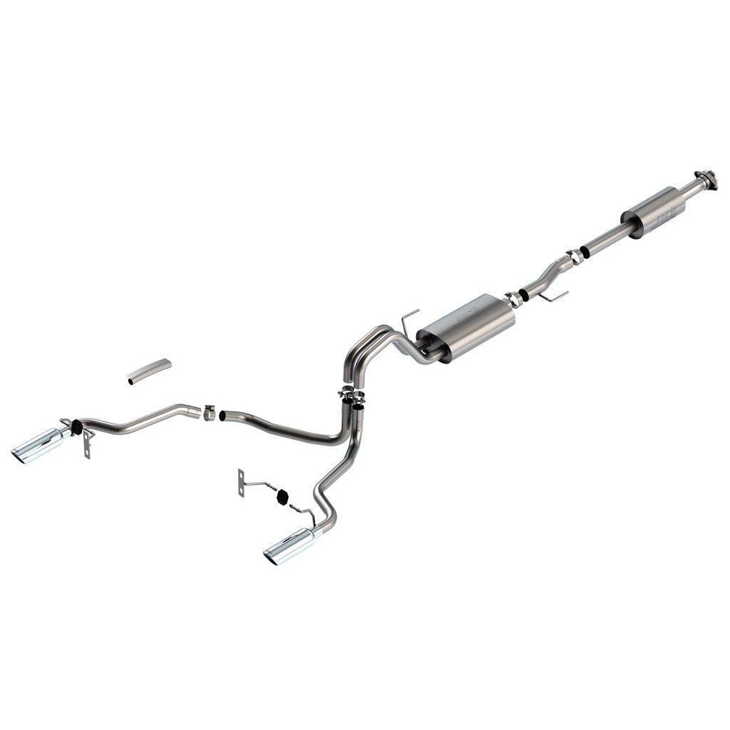 BORLA 140865 Вихлопна система Cat-Back TOURING 2.25 дюйма 3 дюйма CC SB EC STB (145.4" WB) LARIAT, KING RANCH, PLATINUM, LTD S RD RL AC SR Наконечник: 4" RD X 14" ХРОМ для Ford F-150 5.0L V8 AT 2+4WD 4DR 2021 Photo-0