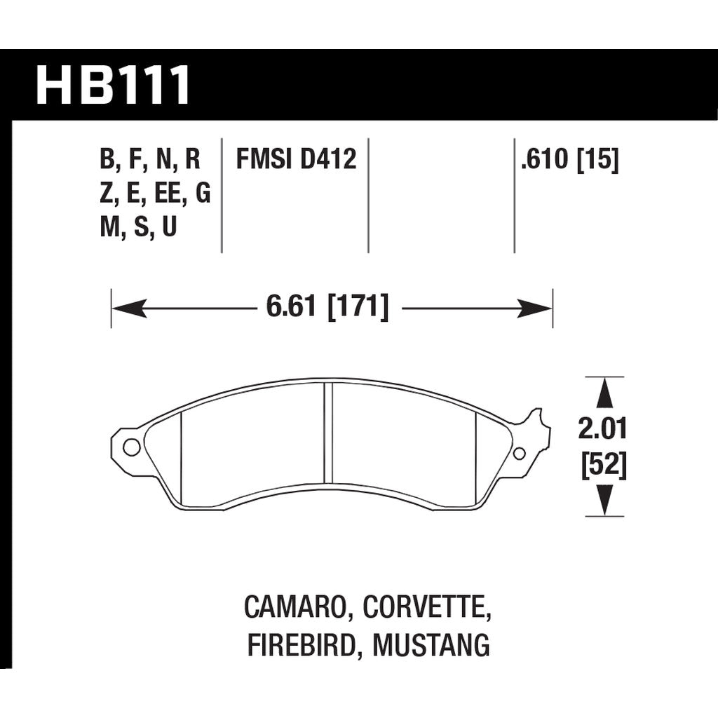 HAWK HB111D.610 Передні гальмівні колодки ER-1 Endurance Racing для FORD Mustang Cobra 2004/ CHEVROLET Corvette 1988-1996 Photo-2