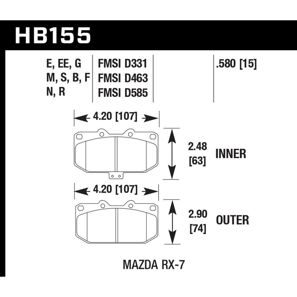 HAWK HB155D.580 Передні гальмівні колодки ER-1 Endurance Racing для MAZDA RX-7 1986-1989 Photo-2