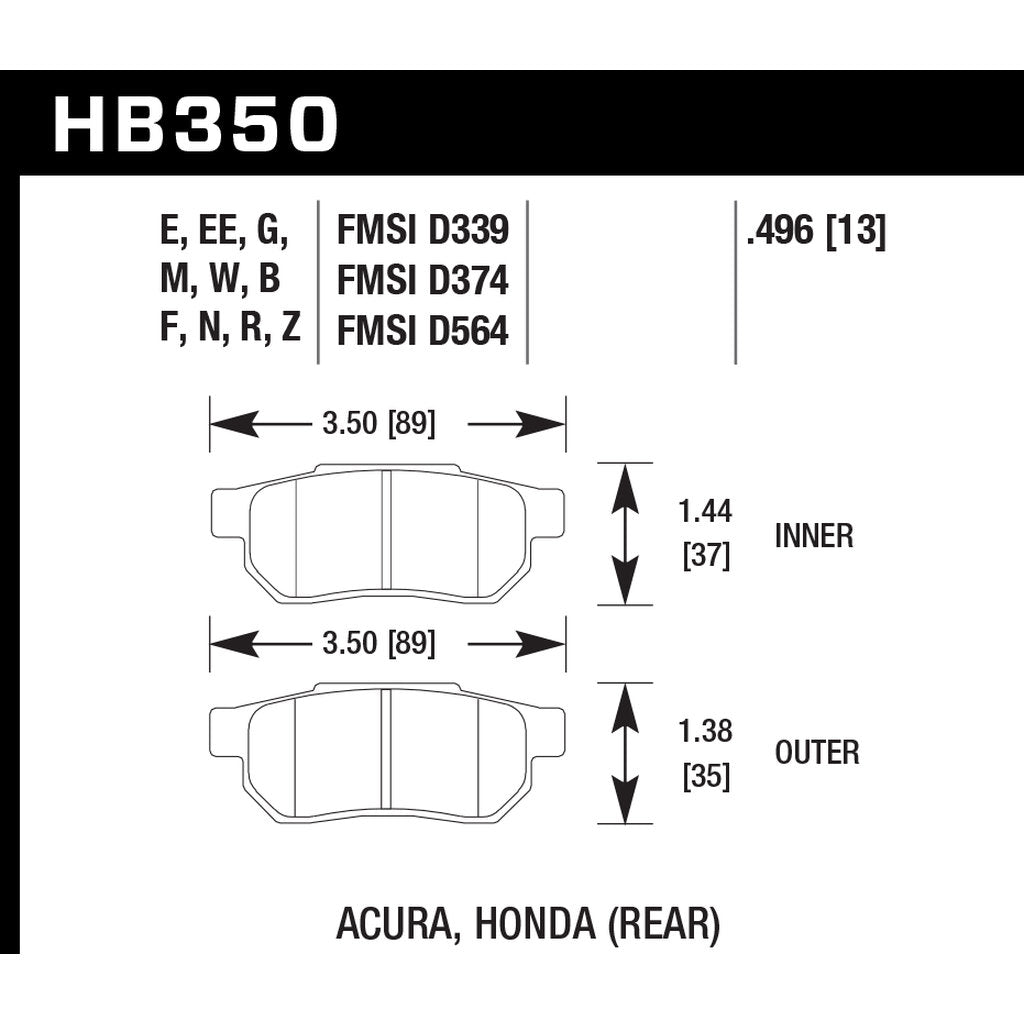 HAWK HB350D.496 Задні гальмівні колодки ER-1 Endurance Racing для AUDI Integra 4-Door 1.8L 2001/ HONDA Civic 1.6L 1999-2000 Photo-2