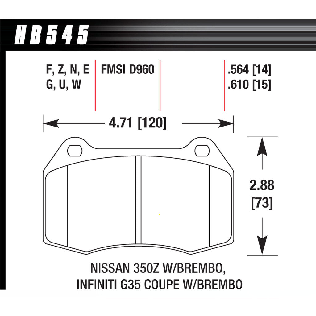 HAWK HB545D.564 Передні гальмівні колодки ER-1 Endurance Racing для NISSAN 350Z Grand Touring 3.5L 2005-2009 Photo-2