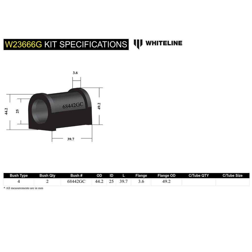 WHITELINE W23666G Комплект втулок кріплення переднього стабілізатора поперечної стійкості 25 мм Grease Free для Toyota Hiace SBV RCH12, RCH22, RZH10 Photo-4