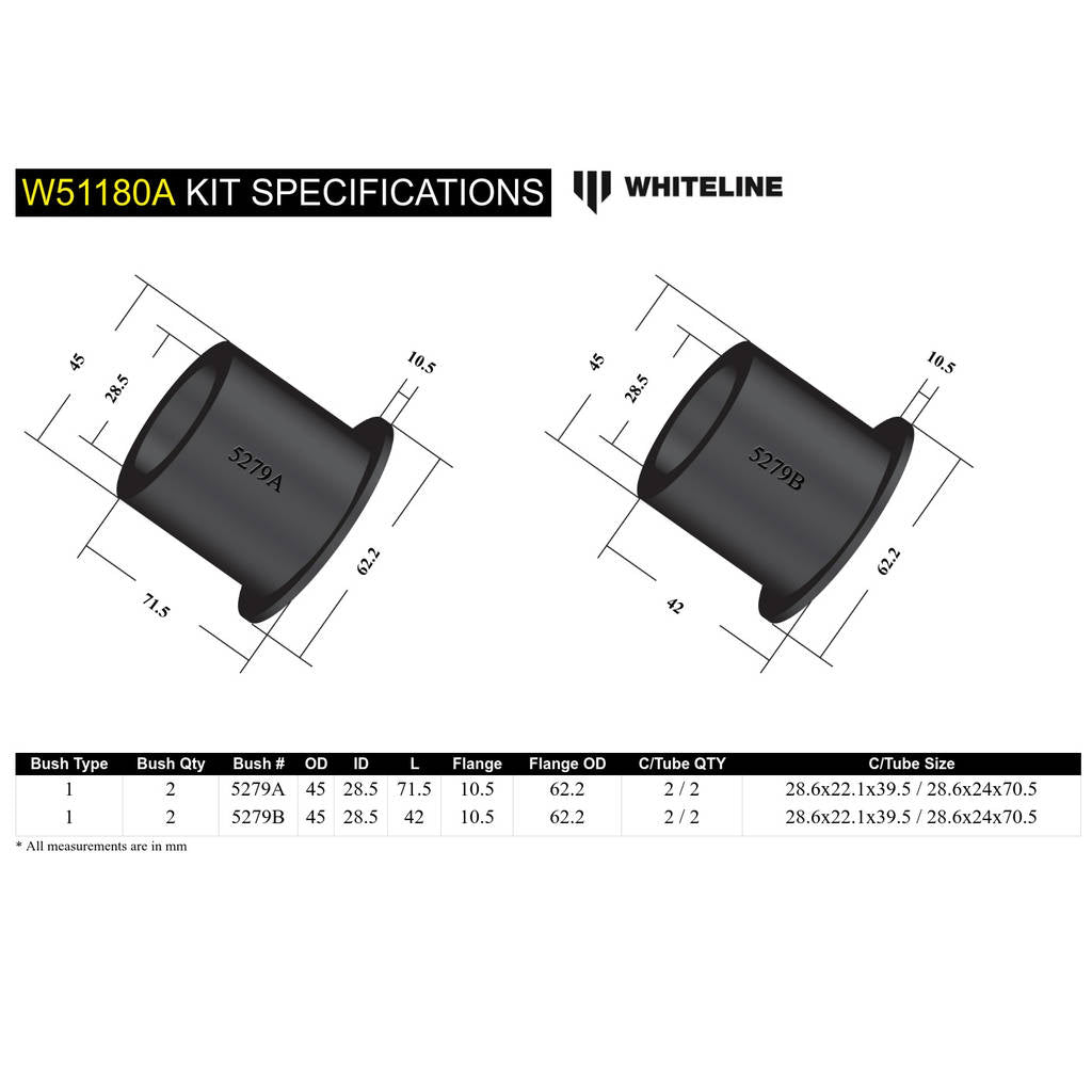 WHITELINE W51180A Комплект втулок переднього верхнього важеля підвіски для Ford Econovan, Spectron/Mazda E Series Photo-5