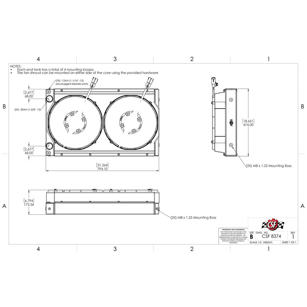 CSF 8374 Подвійний радіатор з кожухом + 14-дюймові безщіткові вентилятори SPAL і джгути проводів Photo-13