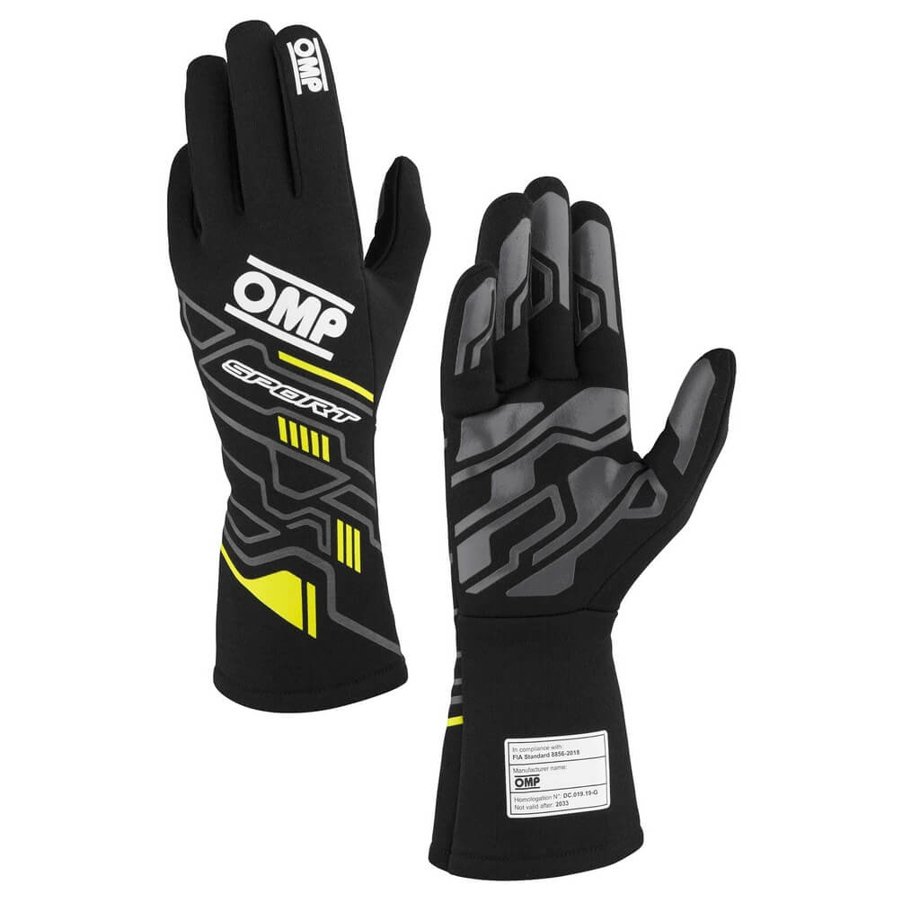 OMP IB0-0777-B01-178-XS Рукавички для автоспорту Sport My2025, FIA 8856-2018, Чорний / Жовтий флуо, Розмір XS Photo-0