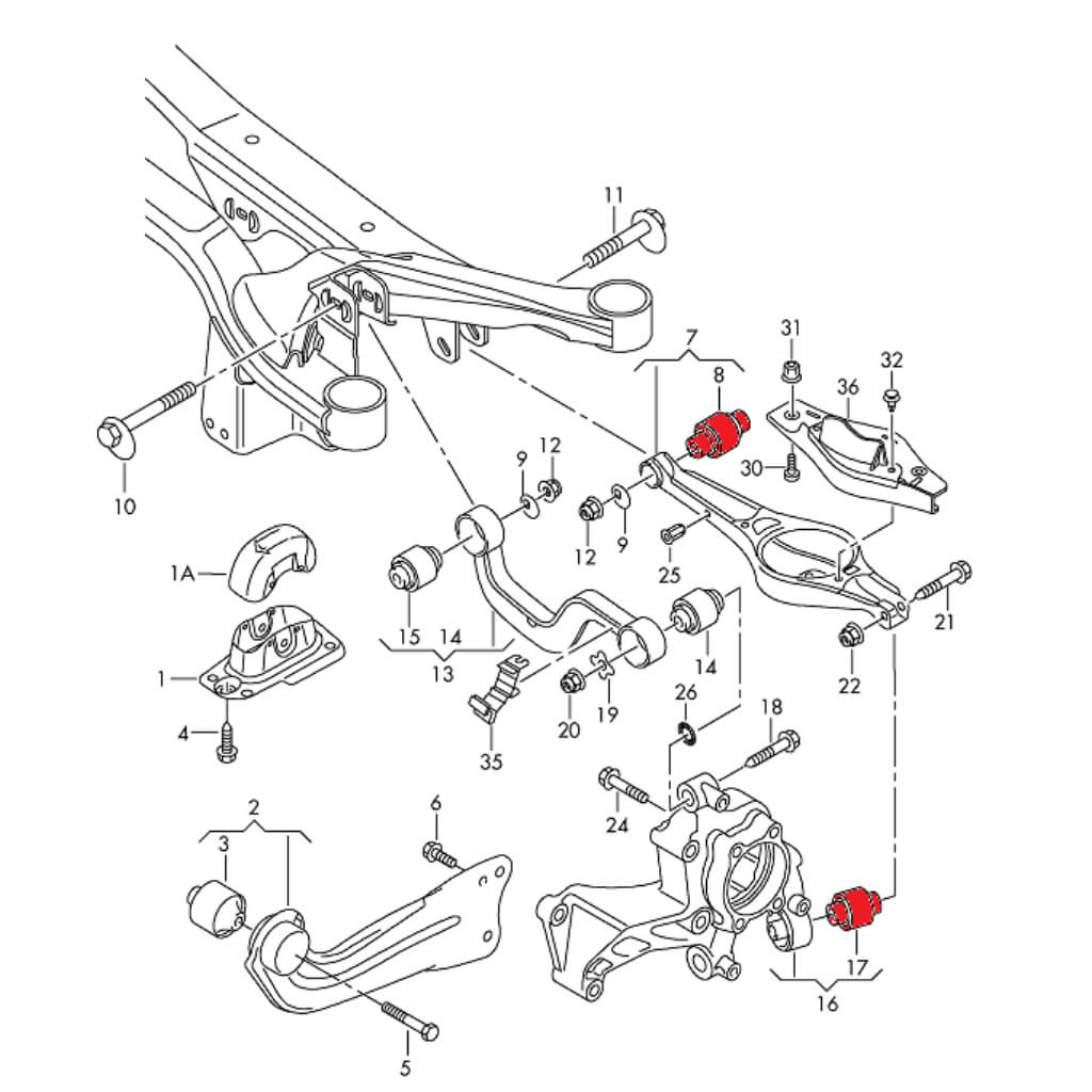 VERKLINE ELA-057 Комплект втулок важелів підвіски та маточини задніх коліс для AUDI RS3 (8P) / VW Golf GTI (Mk5 / Mk6) Photo-1