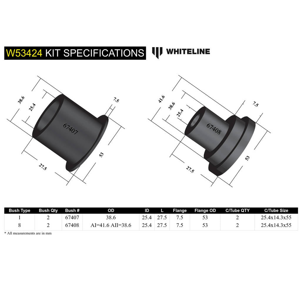 WHITELINE W53424 Комплект внутрішньої передньої втулки переднього нижнього важеля підвіски для Nissan X-Trail, Renault Megane/Scenic Photo-5 