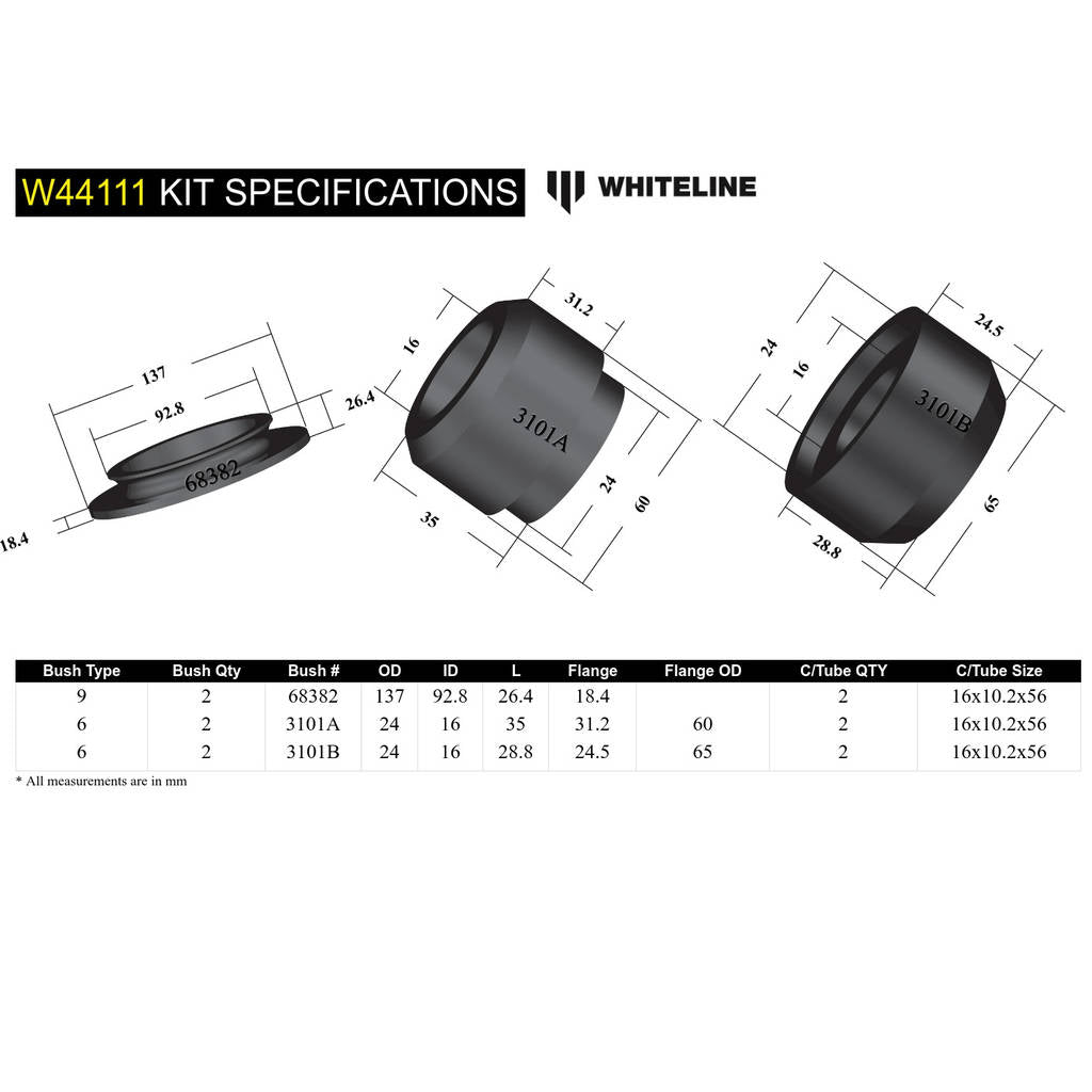 WHITELINE W44111 Комплект втулок передньої опори стійки для Mitsubishi Pajero NM-NX Photo-4 