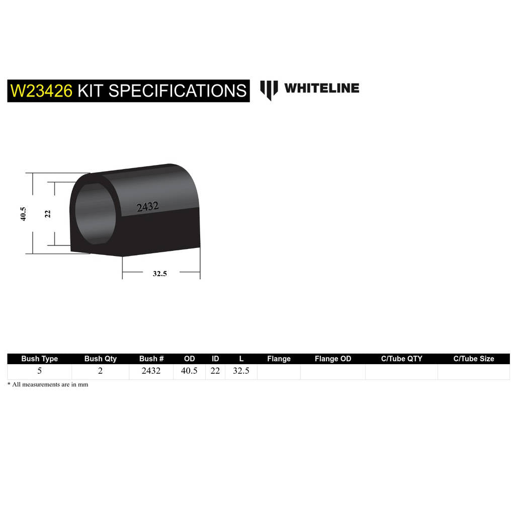 WHITELINE W23426 Комплект втулок кріплення переднього стабілізатора поперечної стійкості 22 мм для Nissan Patrol GU/Pathfinder R50 Photo-5 