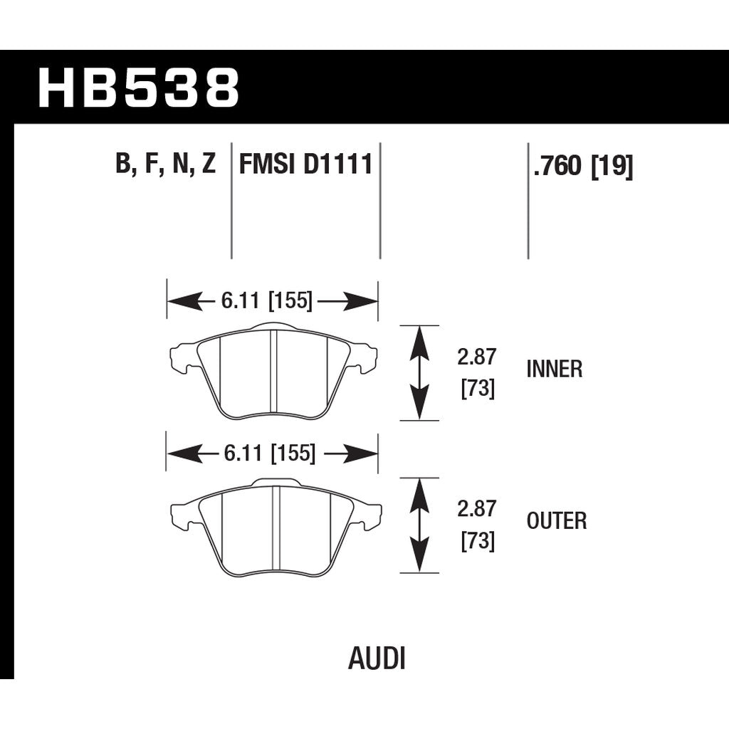 HAWK HB538B.760 Гальмівні колодки HPS 5.0 Передні для VW Golf R32/CC VR6 2010+/AUDI A6 2002-2011 Photo-2 