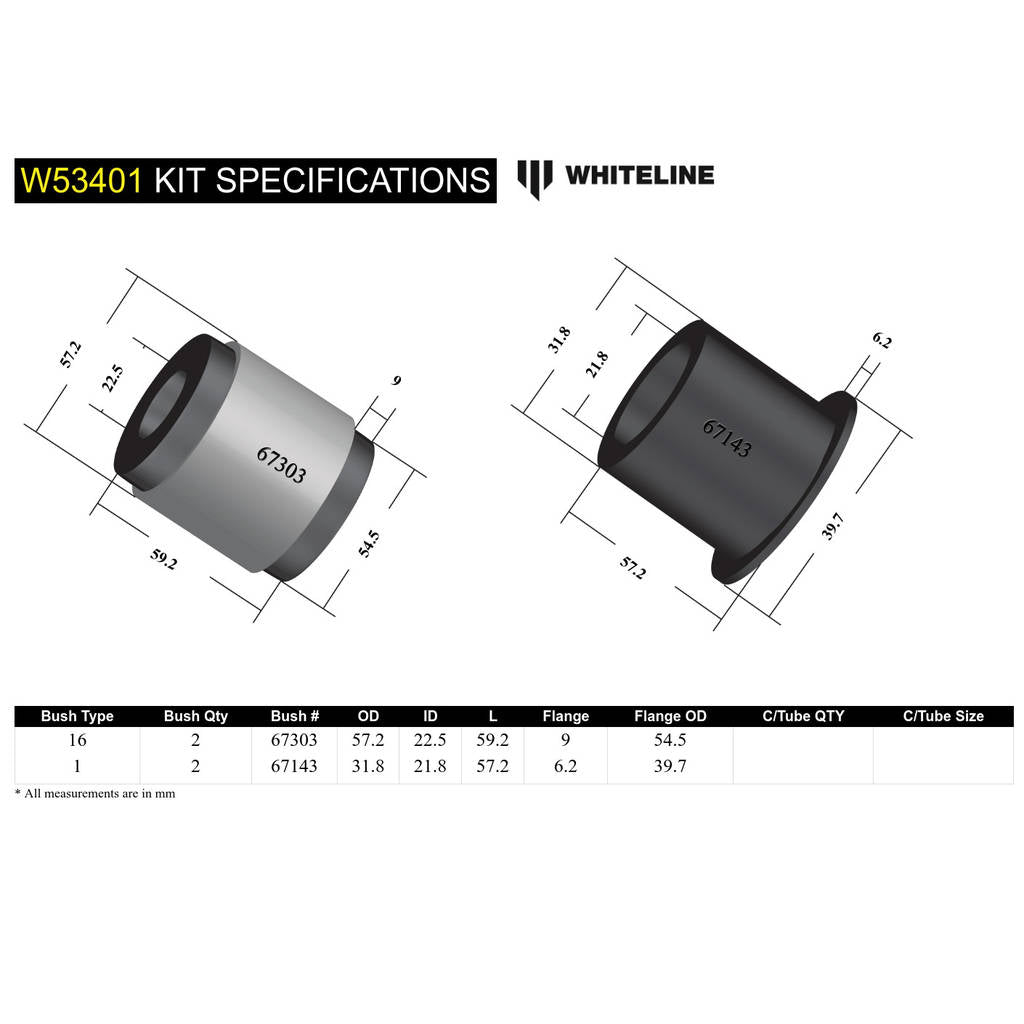 WHITELINE W53401 Комплект внутрішньої задньої втулки переднього нижнього важеля підвіски подвійного зміщення для Ford Fiesta WP, WQ/Mazda2 DY Photo-4 