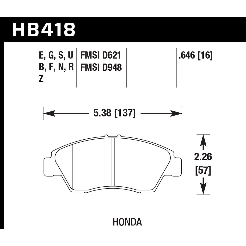 HAWK HB418D.646 Передні гальмівні колодки ER-1 Endurance Racing для HONDA Civic Hybrid 1.5L 2012-2015 Photo-2 