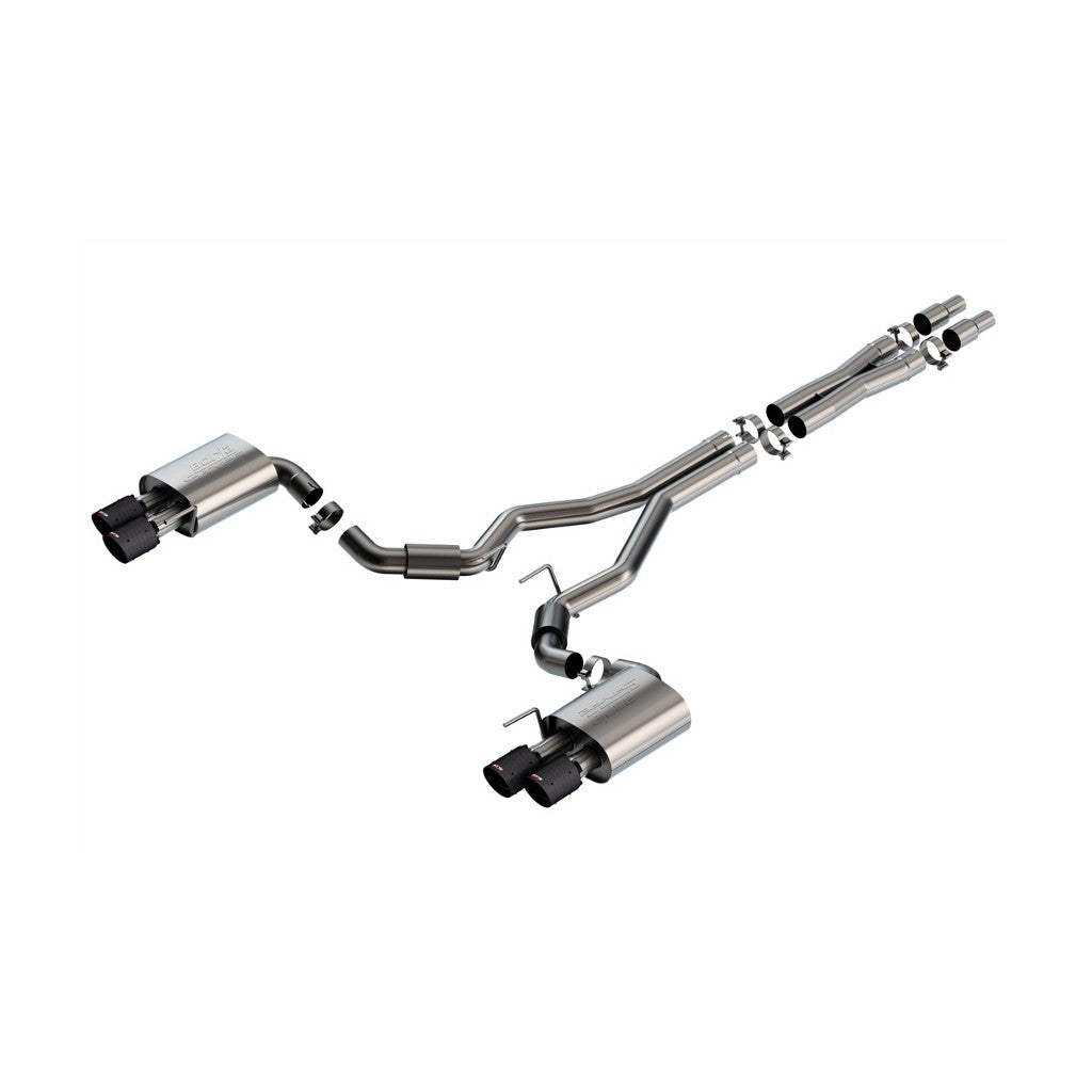 BORLA 140969CFBA Вихлопна система Cat-Back S-type 3" D RD SE AC CFBA SR Наконечник: 4" RD X 6.62" Чорне анодоване вуглецеве волокно Чотири наконечники (Без активного вихлопу) для FORD Mustang GT 5.0L V8 2024 Photo-0 