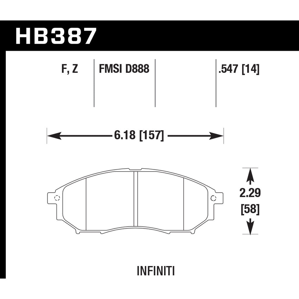 HAWK HB387F.547 Передні гальмівні колодки HPS Street для NISSAN 350Z 06-09 / INFINITI G35 05-08 без Brembo Photo-2 