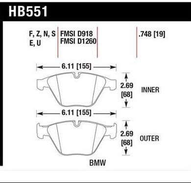 HAWK HB551N.748 Гальмівні колодки HP + Street передні для BMW M3 2008-2013/Z4 sDrive35is 2012-2016 Photo-1 