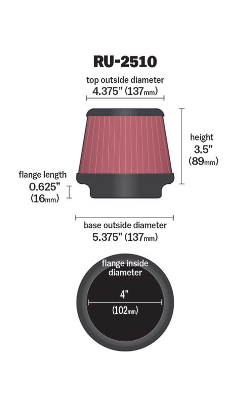 K&N RU-2510 Універсальний повітряний фільтр Clamp-On 4"FLG, 5-3/8"B, 4-3/8"T, 3-1/2"H Photo-2 