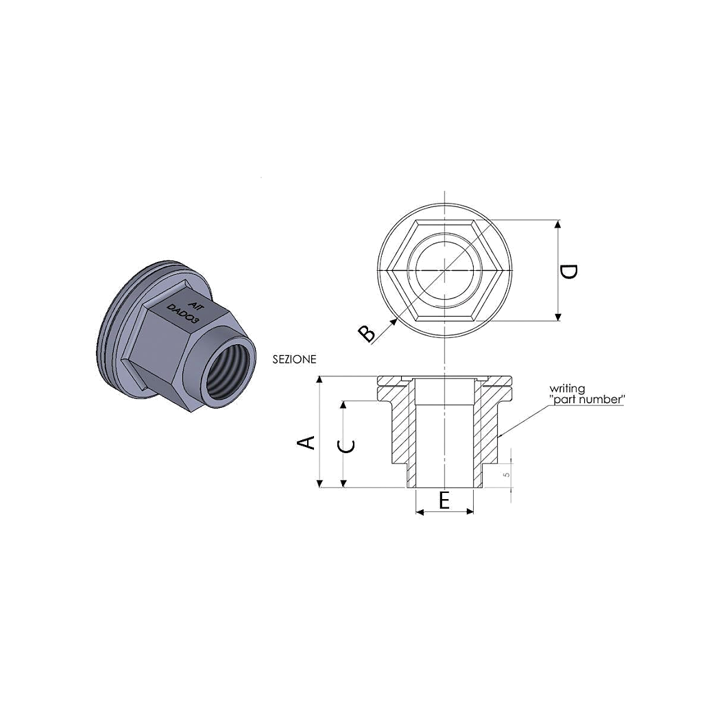 A.I.TECH AIT-DADO-3 Плоска гайка 12x1,25, ex 19mm, o.d. 28mm, загальна довжина 29mm для PEUGEOT / CITROEN Photo-1 