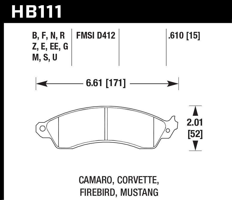 HAWK HB111D.610 Гальмівні Колодки Передні ER-1 Endurance Racing для FORD Mustang Cobra 2004/ CHEVROLET Corvette 1988-1996 Photo-2 