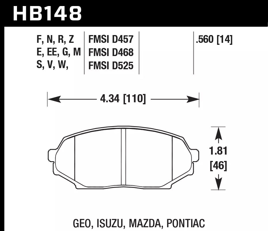 HAWK HB148D.560 Гальмівні Колодки Передні ER-1 Endurance Racing для MAZDA Miata Base 1.6L 1990-1993 Photo-2 