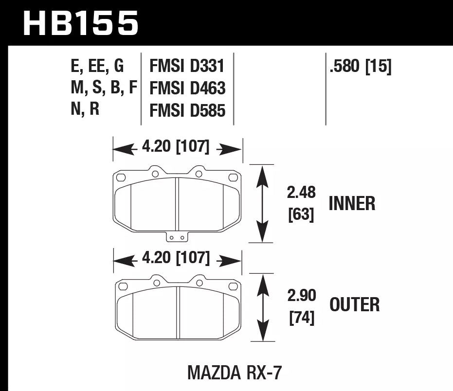 HAWK HB155D.580 Гальмівні Колодки Передні ER-1 Endurance Racing для MAZDA RX-7 1986-1989 Photo-2 