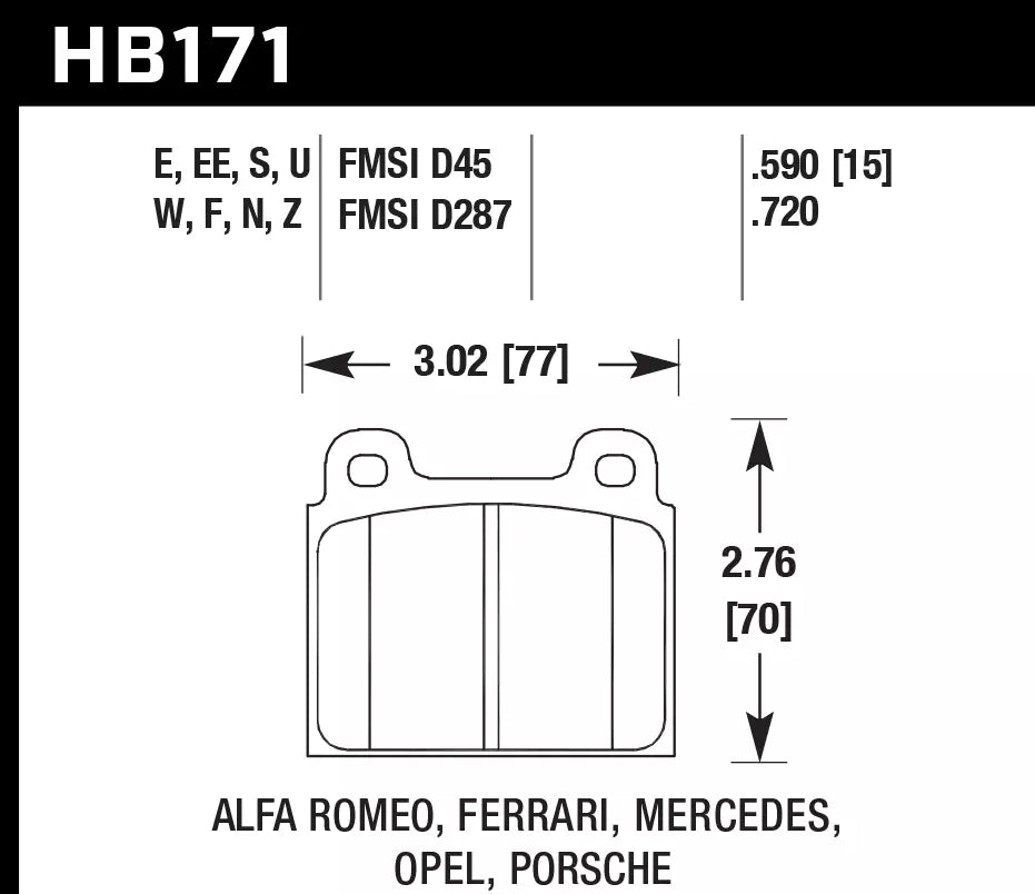 HAWK HB171D.590 Гальмівні Колодки Передні ER-1 Endurance Racing для PORSCHE 911 1963-1989/ Ferrari 308 1976-1985 Photo-2 