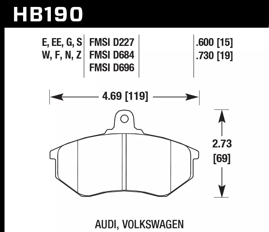 HAWK HB190D.600 Гальмівні Колодки Передні ER-1 Endurance Racing для AUDI 80 1.6 1991-1992 Photo-2 