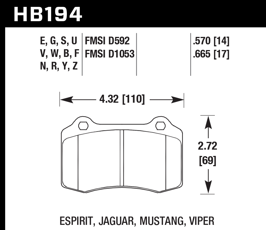 HAWK HB194D.665 Гальмівні Колодки Передні ER-1 Endurance Racing для DODGE Viper 1992-2002 Photo-1 