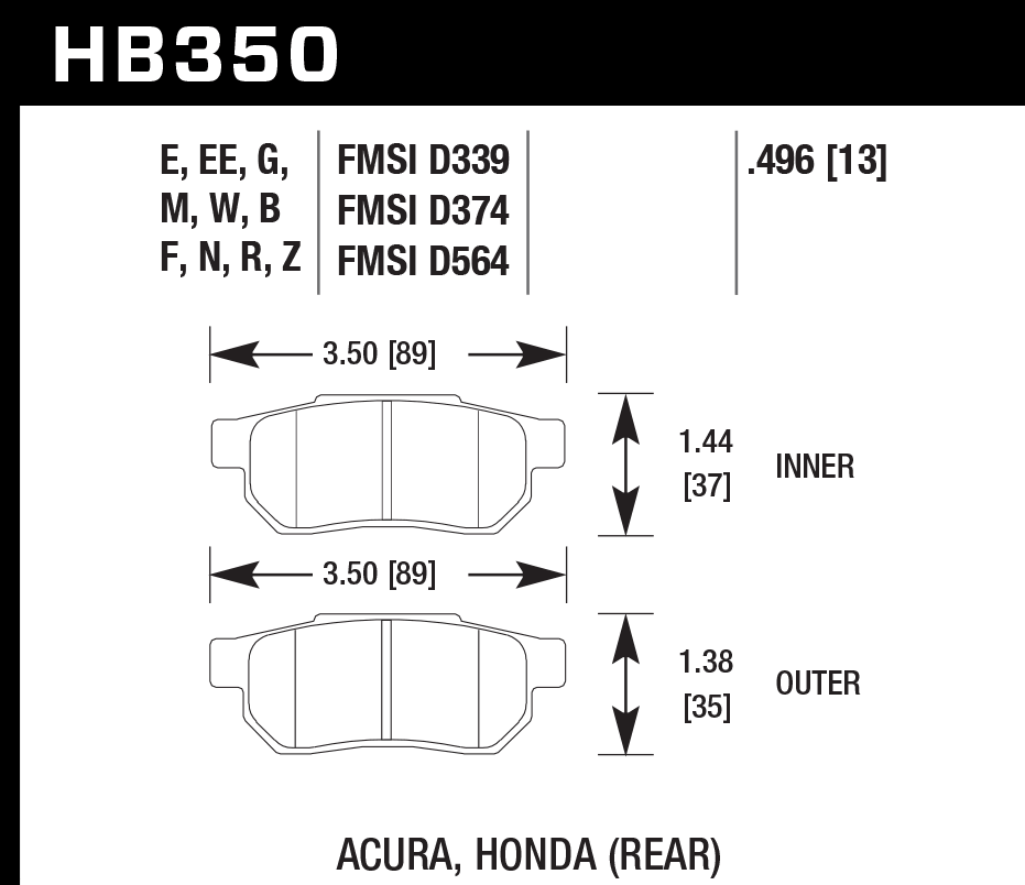 HAWK HB350D.496 Гальмівні Колодки Задні ER-1 Endurance Racing для AUDI Integra 4-Door 1.8L 2001/ HONDA Civic 1.6L 1999-2000 Photo-2 