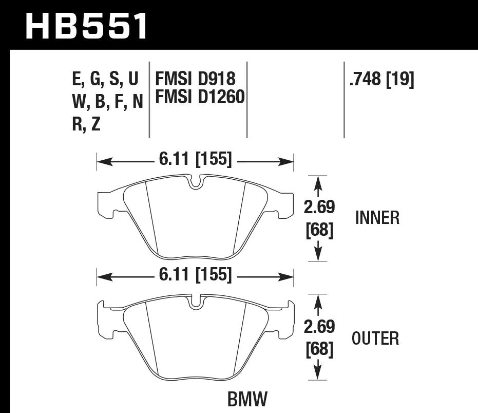 HAWK HB551D.748 Гальмівні Колодки Передні ER-1 Endurance Racing для BMW X1 xDrive35i 3.0L 2015 Photo-2 