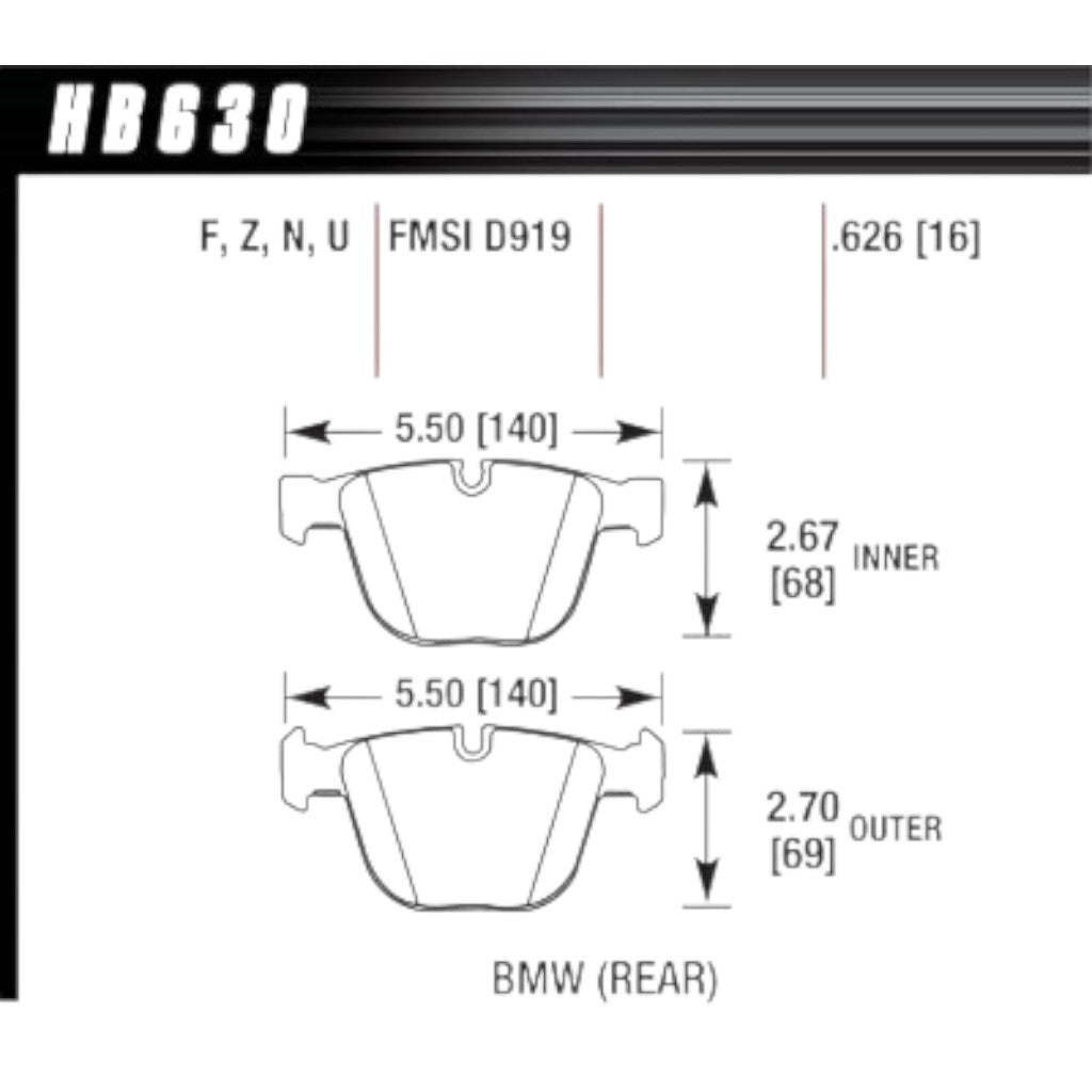 HAWK HB630F.626 Задні гальмівні колодки Street для BMW X5 xDrive50i / X5 M (F15/F85) 2018 / X6 xDrive50i / X6 M (F16/F86) 2017–2019 Photo-1 