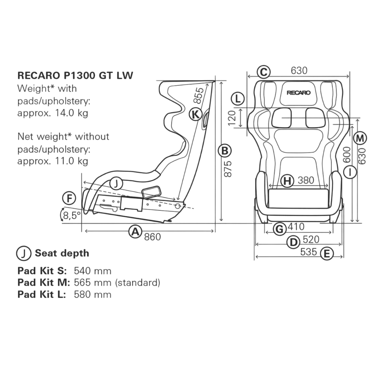 RECARO 071.87.0995 Полегшене гоночне сидіння GT LW P1300 Чорний велюр / Білий логотип FiA 8862-2009 Photo-1 